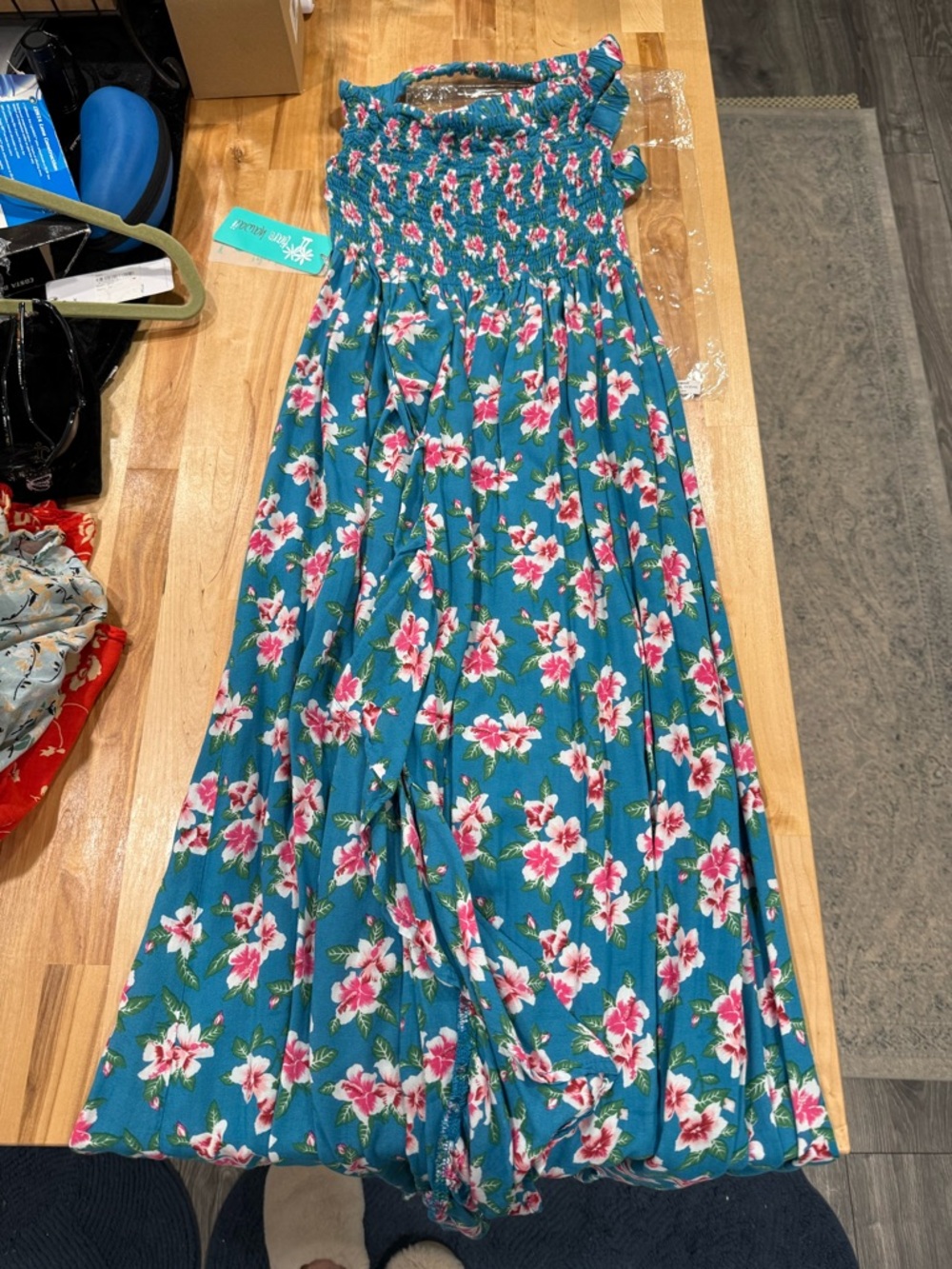 Tiare Hawaii Eri Strapless Smocked Floral Maxi Dress with Pink & White Blooms